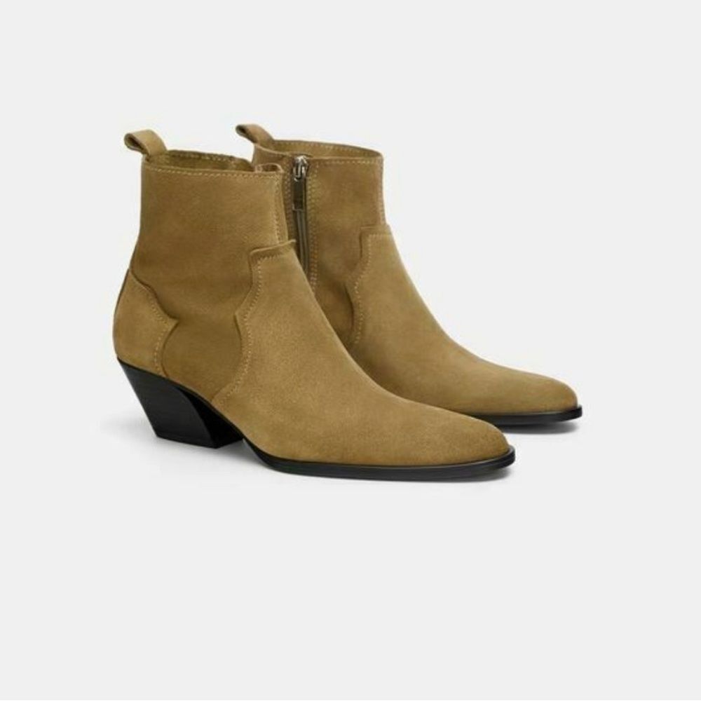 Zara Tan Genuine Suede Split Leather‎ Ankle Boots Cuban Heel, Size 41 (10)